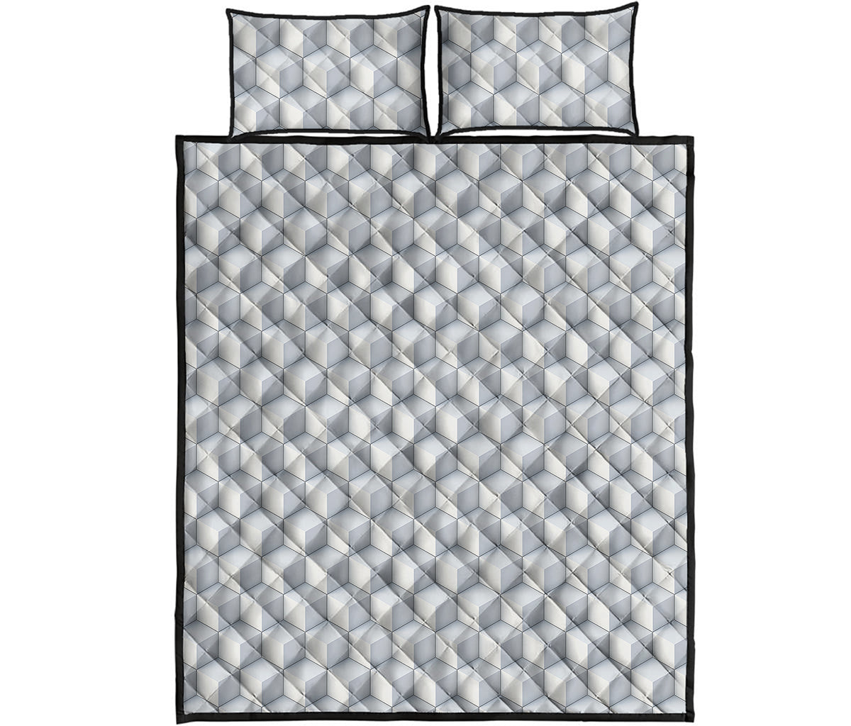 White Geometric Cube Shape Pattern Print Quilt Bed Set
