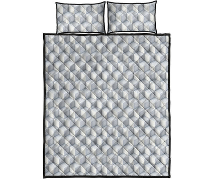 White Geometric Cube Shape Pattern Print Quilt Bed Set