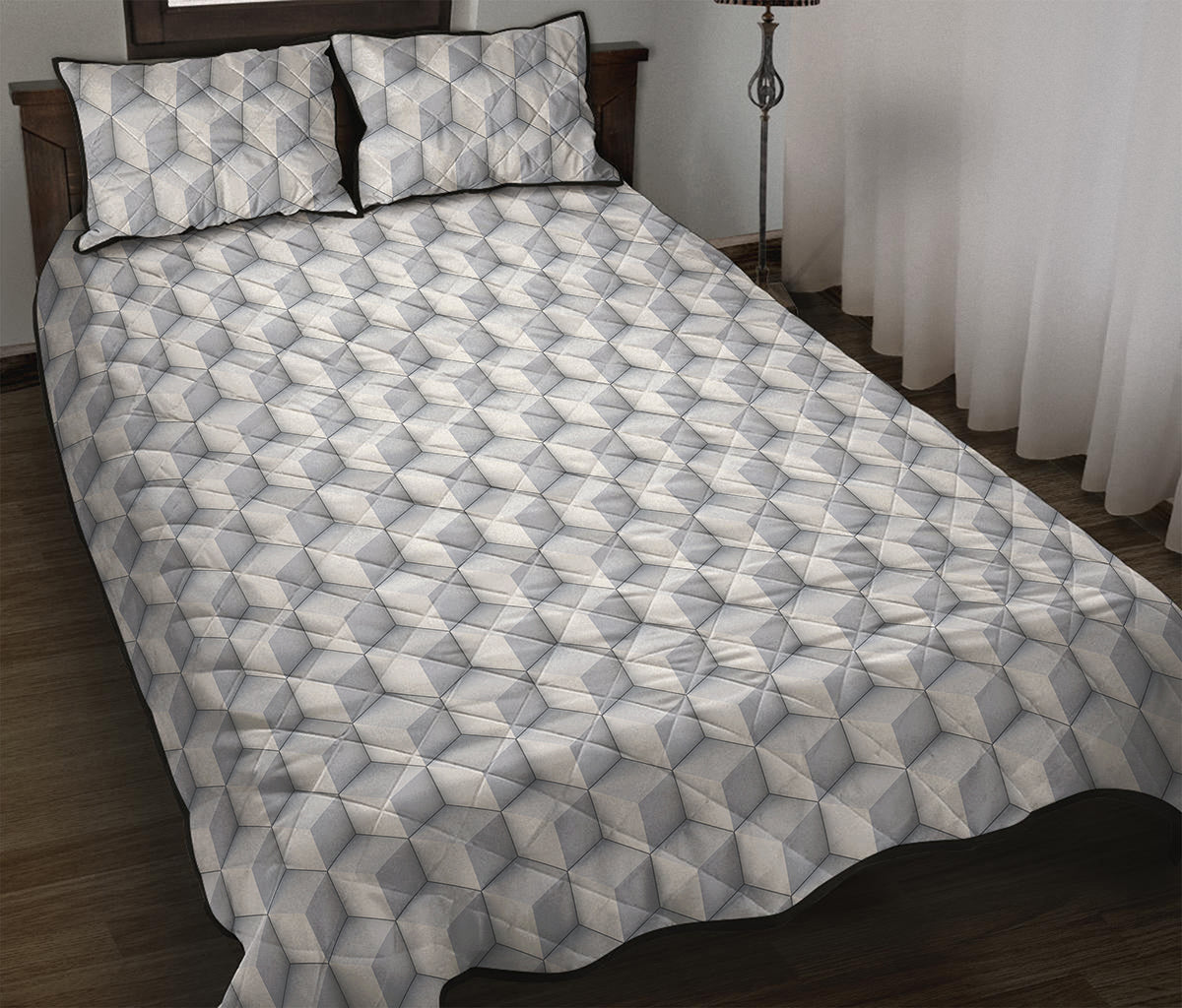 White Geometric Cube Shape Pattern Print Quilt Bed Set