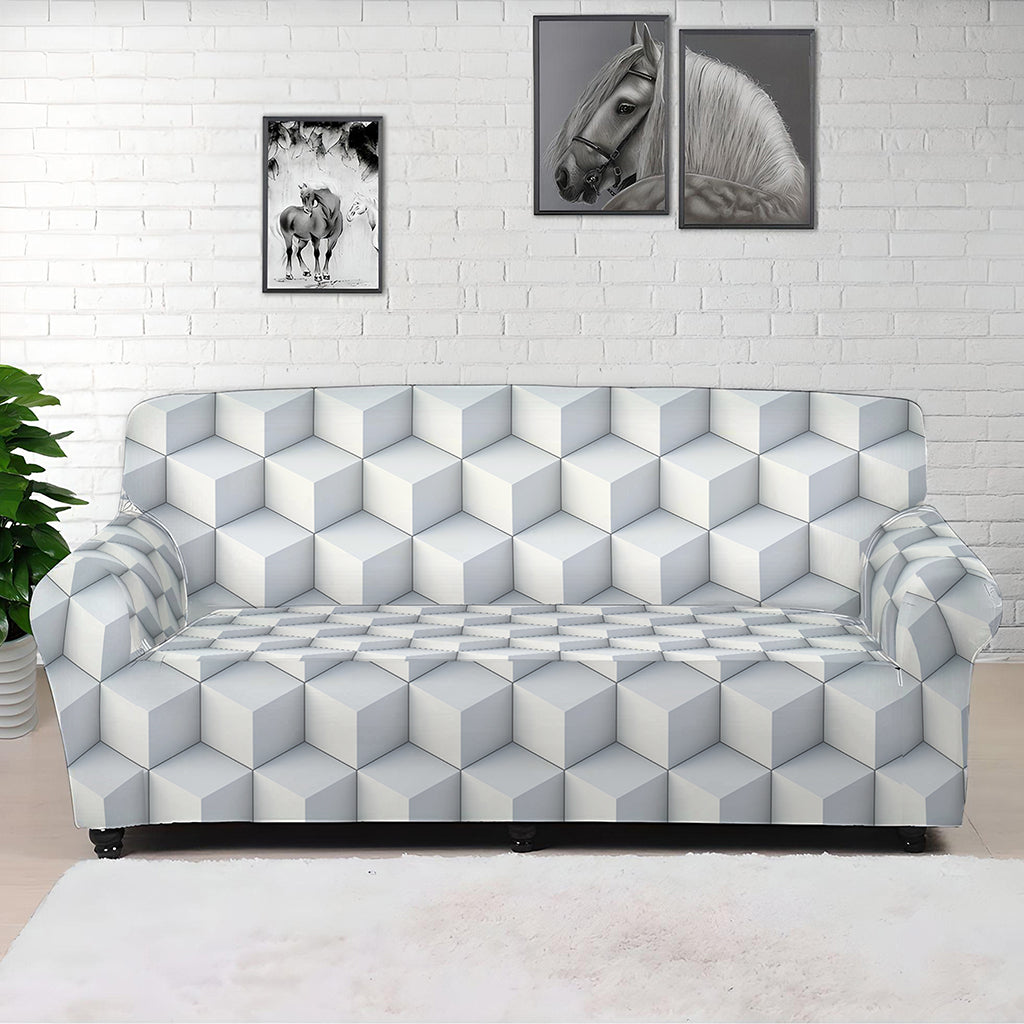White Geometric Cube Shape Pattern Print Sofa Cover