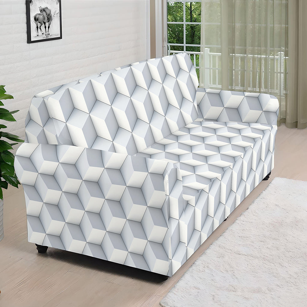 White Geometric Cube Shape Pattern Print Sofa Cover