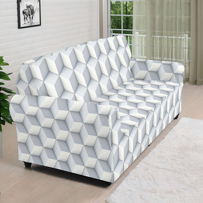 White Geometric Cube Shape Pattern Print Sofa Cover