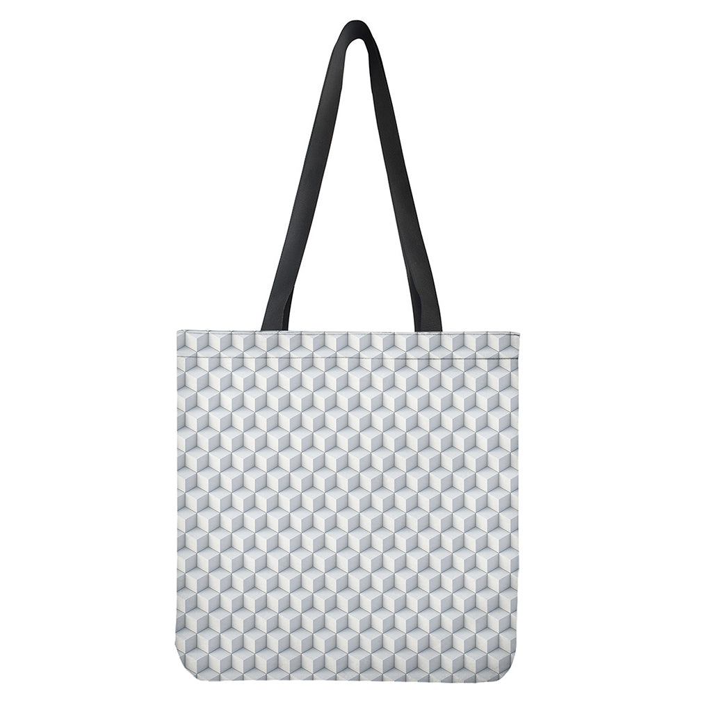 White Geometric Cube Shape Pattern Print Tote Bag