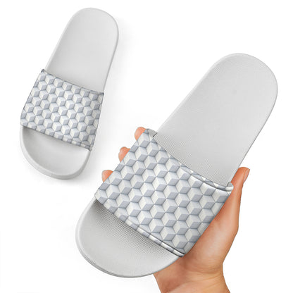 White Geometric Cube Shape Pattern Print White Slide Sandals