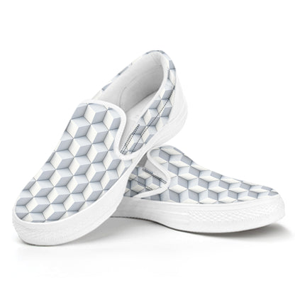 White Geometric Cube Shape Pattern Print White Slip On Shoes