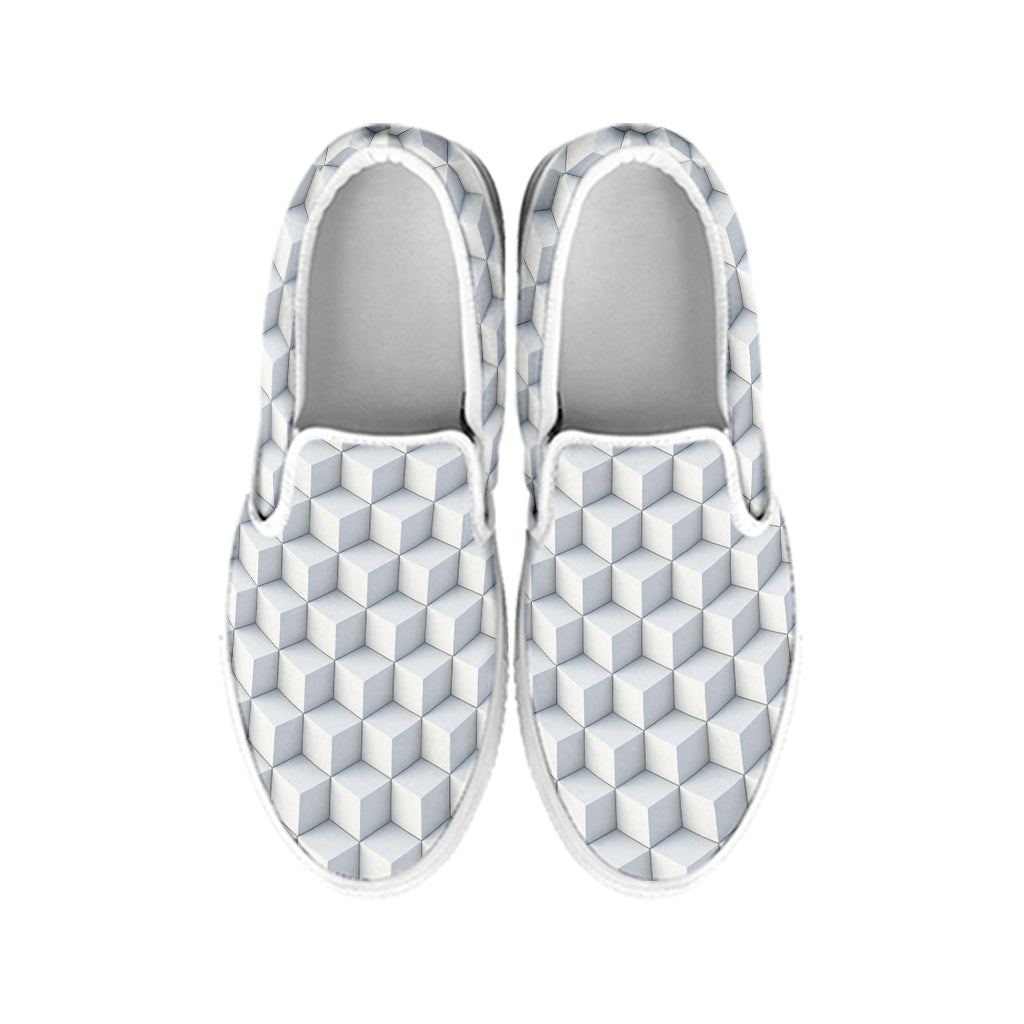 White Geometric Cube Shape Pattern Print White Slip On Shoes