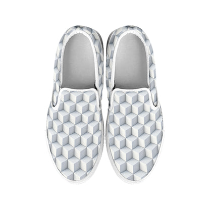 White Geometric Cube Shape Pattern Print White Slip On Shoes