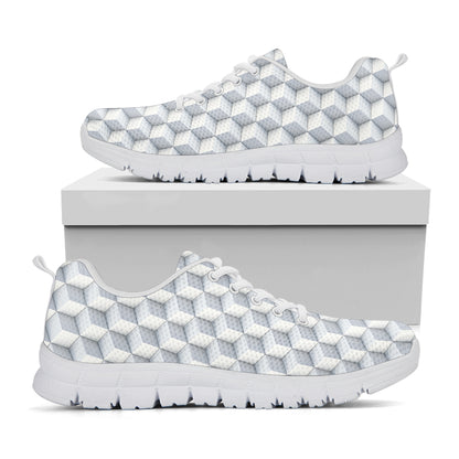 White Geometric Cube Shape Pattern Print White Sneakers