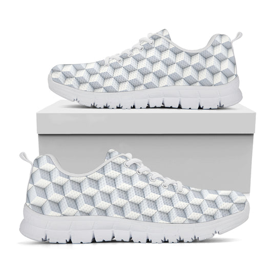 White Geometric Cube Shape Pattern Print White Sneakers