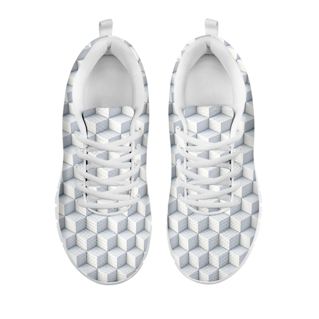 White Geometric Cube Shape Pattern Print White Sneakers