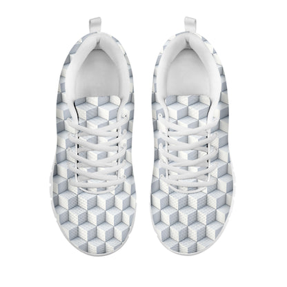 White Geometric Cube Shape Pattern Print White Sneakers