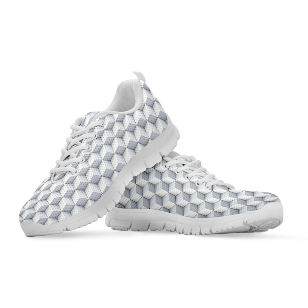 White Geometric Cube Shape Pattern Print White Sneakers