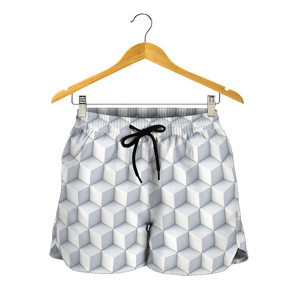 White Geometric Cube Shape Pattern Print Women's Shorts