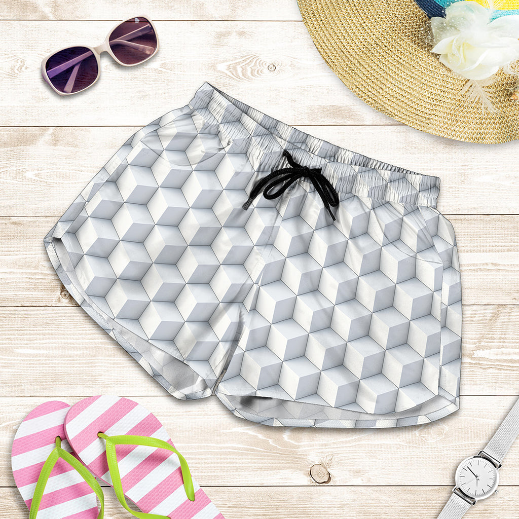 White Geometric Cube Shape Pattern Print Women's Shorts