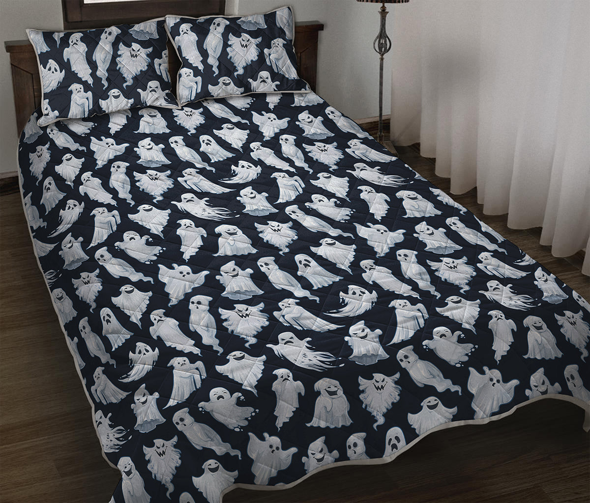White Ghost Pattern Print Quilt Bed Set