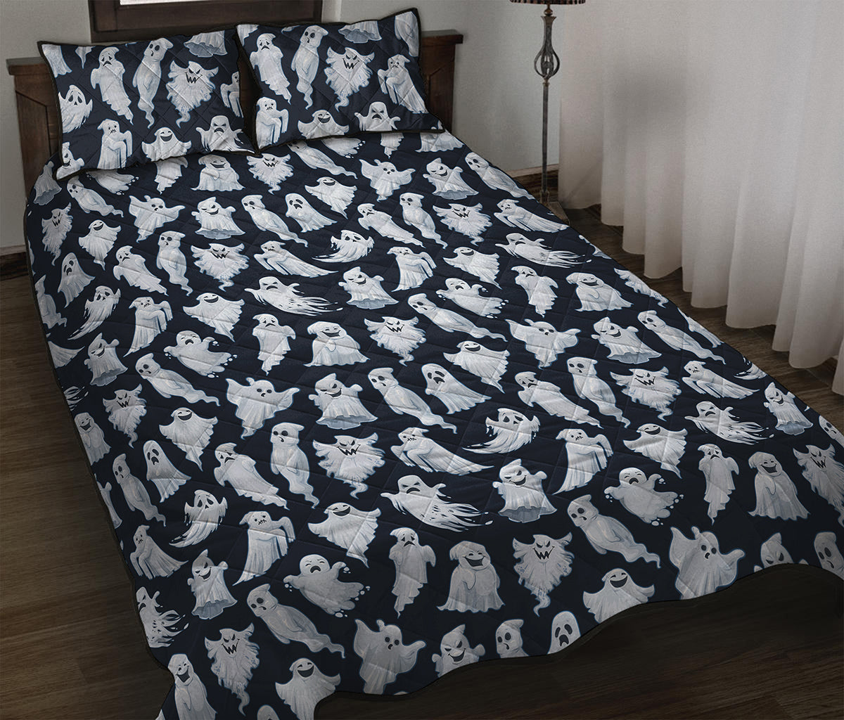 White Ghost Pattern Print Quilt Bed Set