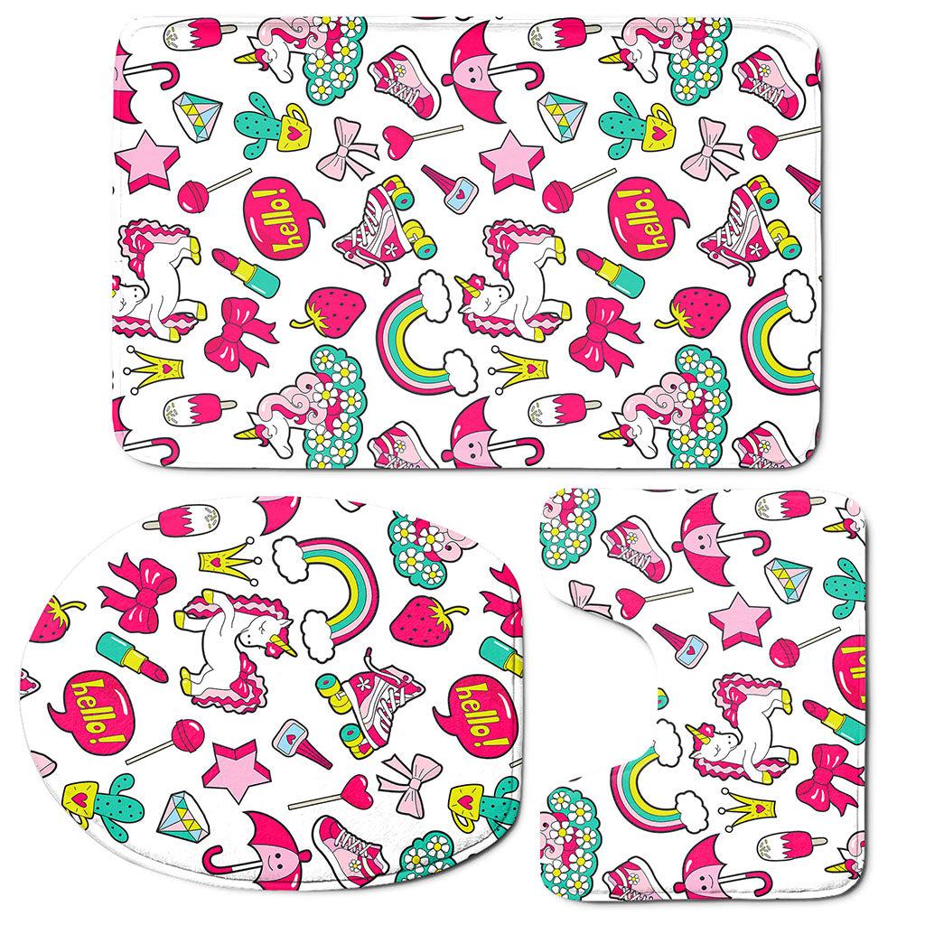 White Girly Unicorn Pattern Print 3 Piece Bath Mat Set