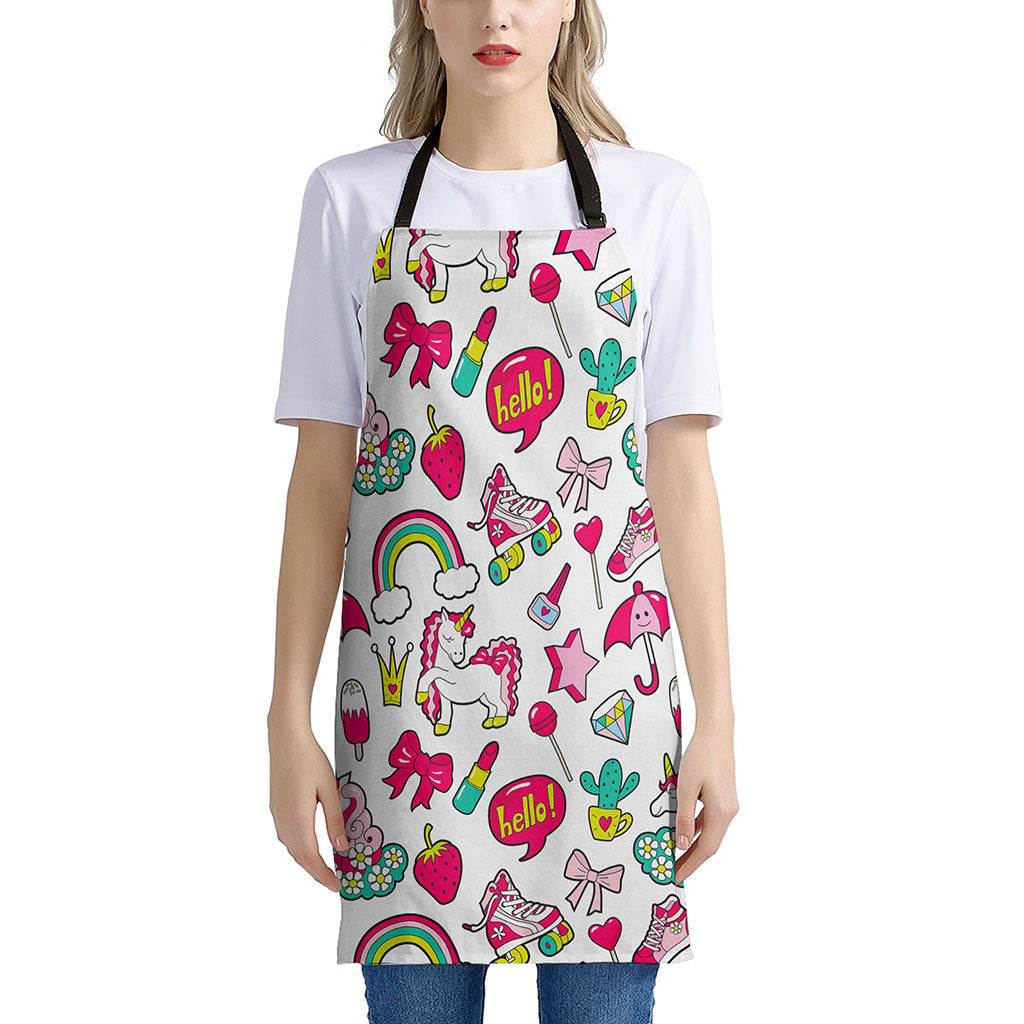 White Girly Unicorn Pattern Print Apron