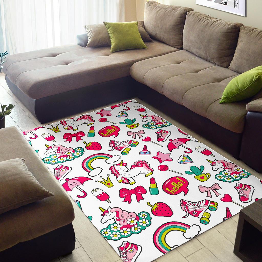 White Girly Unicorn Pattern Print Area Rug GearFrost