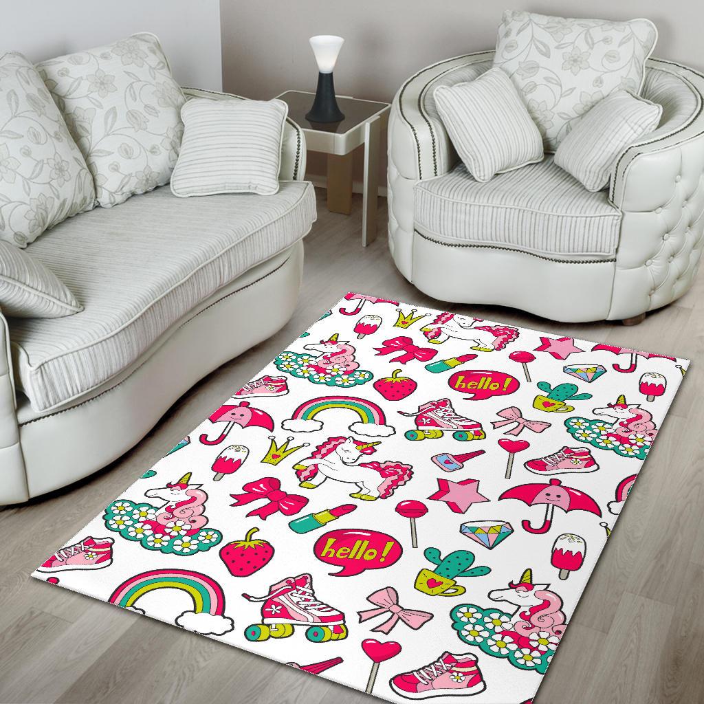 White Girly Unicorn Pattern Print Area Rug GearFrost