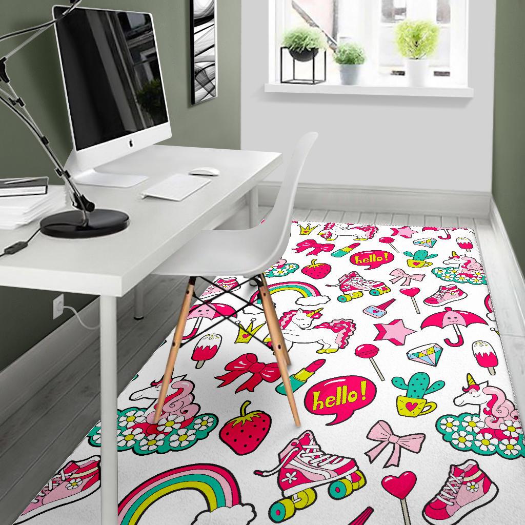 White Girly Unicorn Pattern Print Area Rug GearFrost