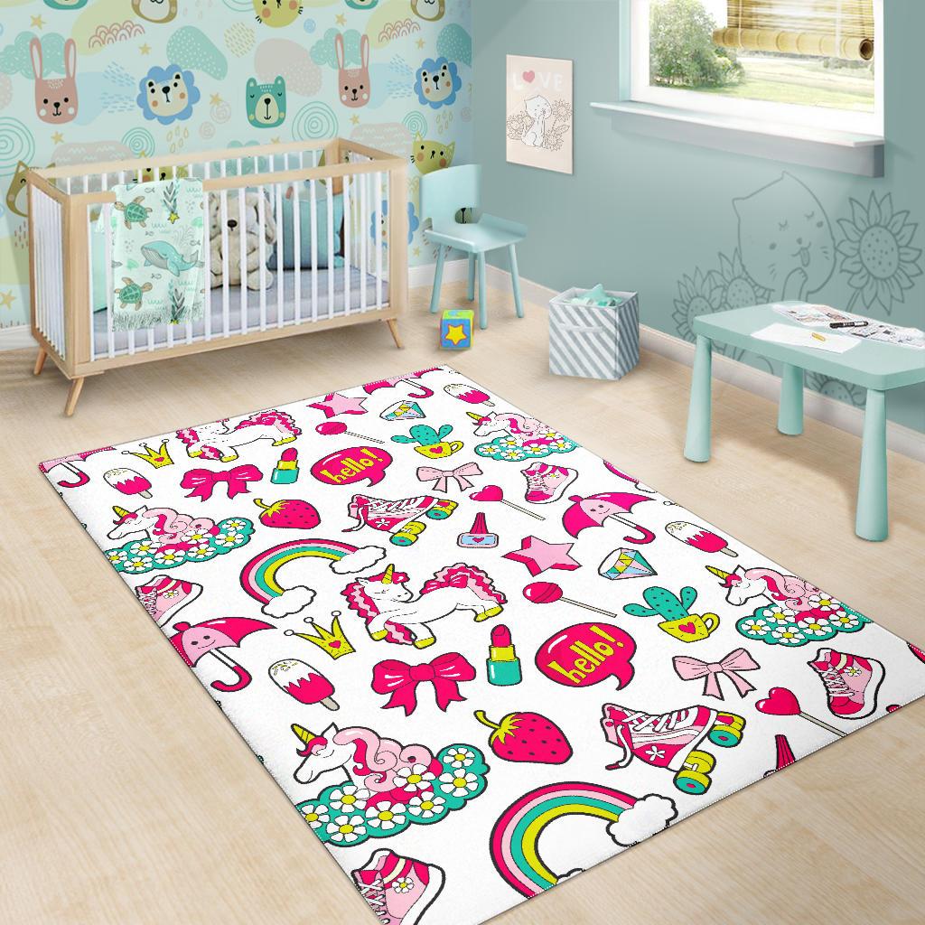 White Girly Unicorn Pattern Print Area Rug GearFrost