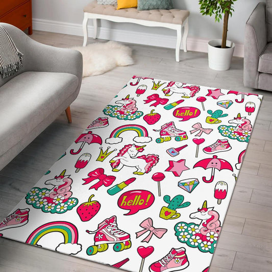 White Girly Unicorn Pattern Print Area Rug GearFrost
