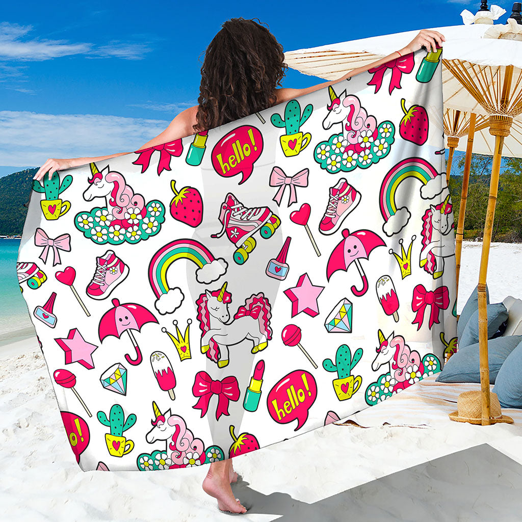 White Girly Unicorn Pattern Print Beach Sarong Wrap