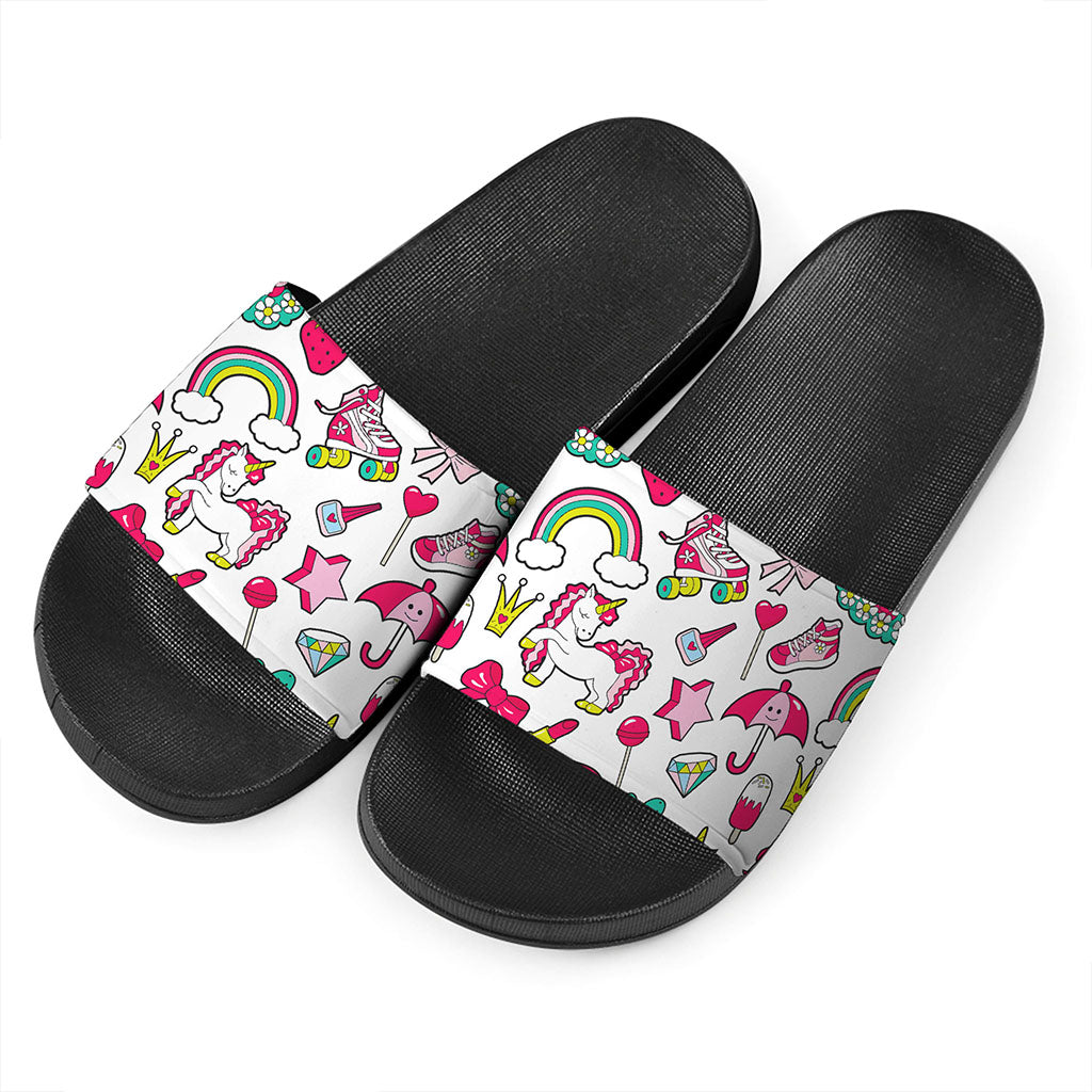 White Girly Unicorn Pattern Print Black Slide Sandals