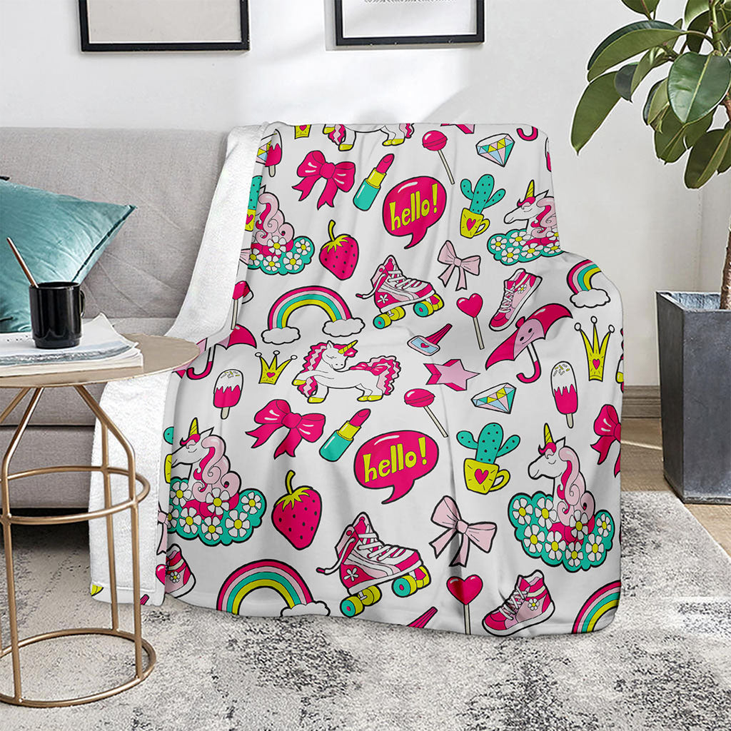 White Girly Unicorn Pattern Print Blanket