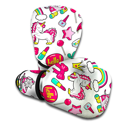 White Girly Unicorn Pattern Print Boxing Gloves