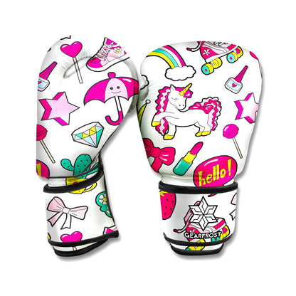 White Girly Unicorn Pattern Print Boxing Gloves