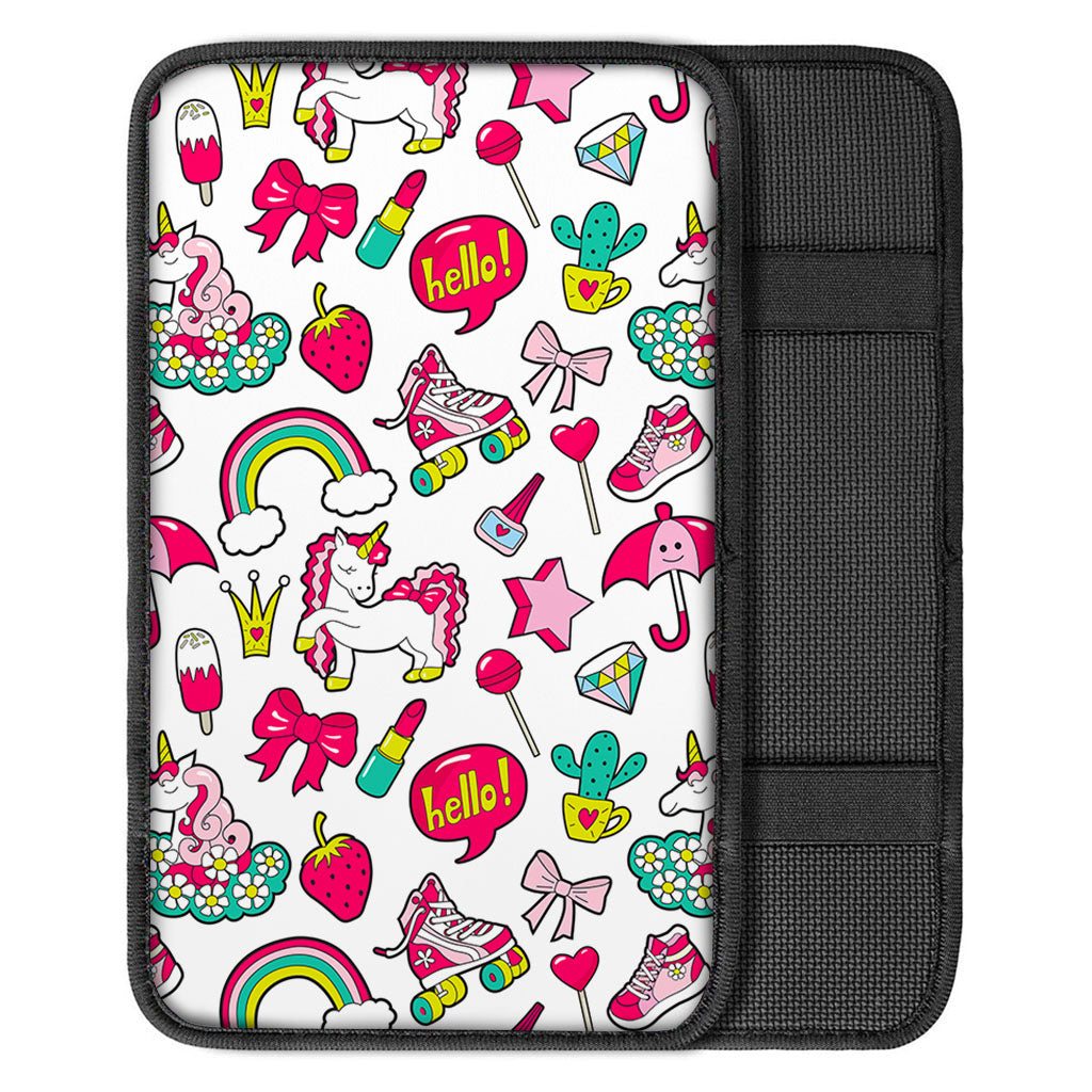 White Girly Unicorn Pattern Print Car Center Console Cover