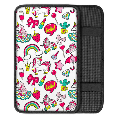 White Girly Unicorn Pattern Print Car Center Console Cover
