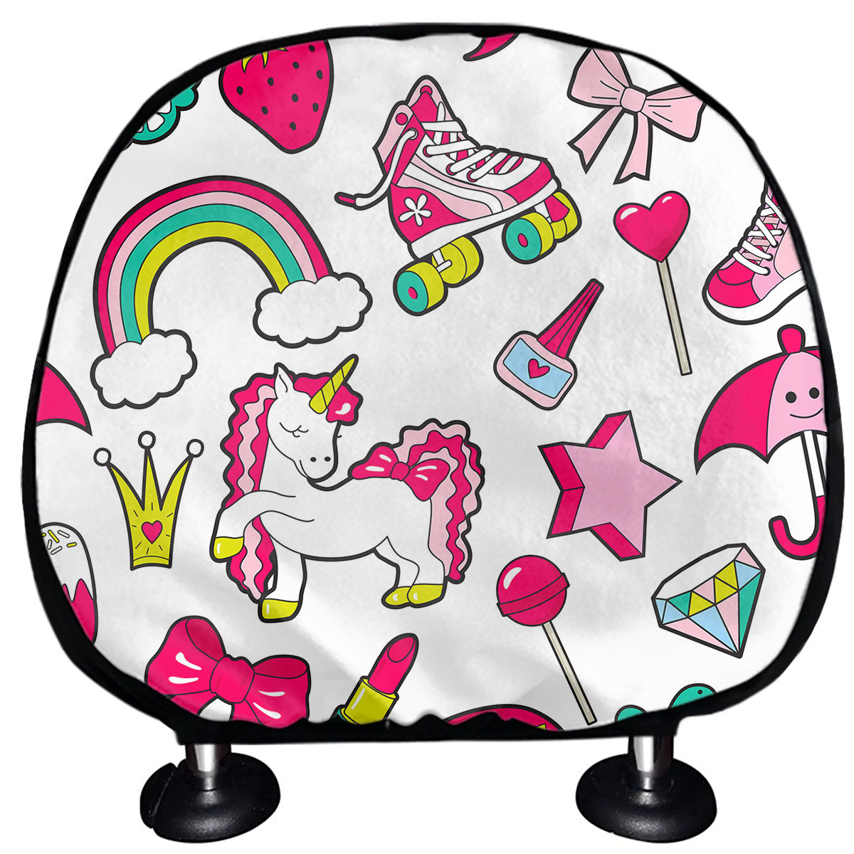 White Girly Unicorn Pattern Print Car Headrest Covers