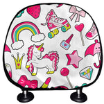 White Girly Unicorn Pattern Print Car Headrest Covers