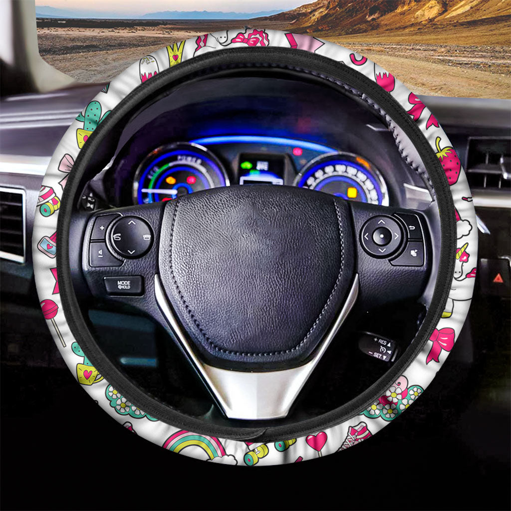 White Girly Unicorn Pattern Print Car Steering Wheel Cover