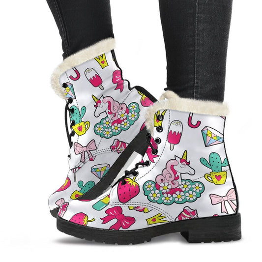 White Girly Unicorn Pattern Print Comfy Boots GearFrost