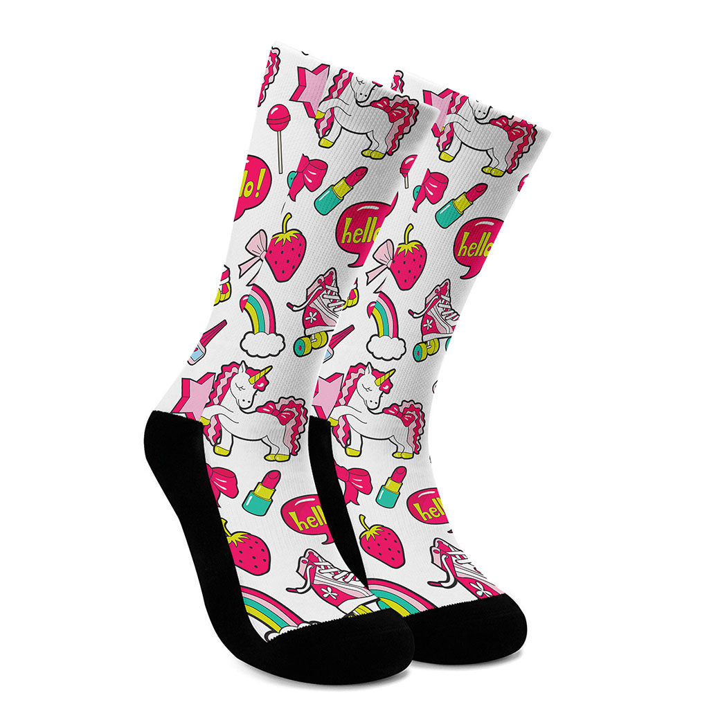 White Girly Unicorn Pattern Print Crew Socks