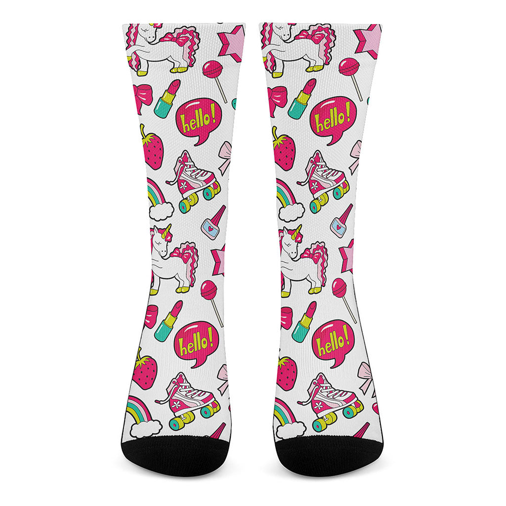 White Girly Unicorn Pattern Print Crew Socks