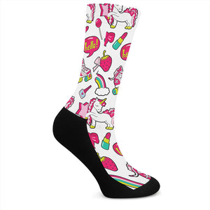 White Girly Unicorn Pattern Print Crew Socks