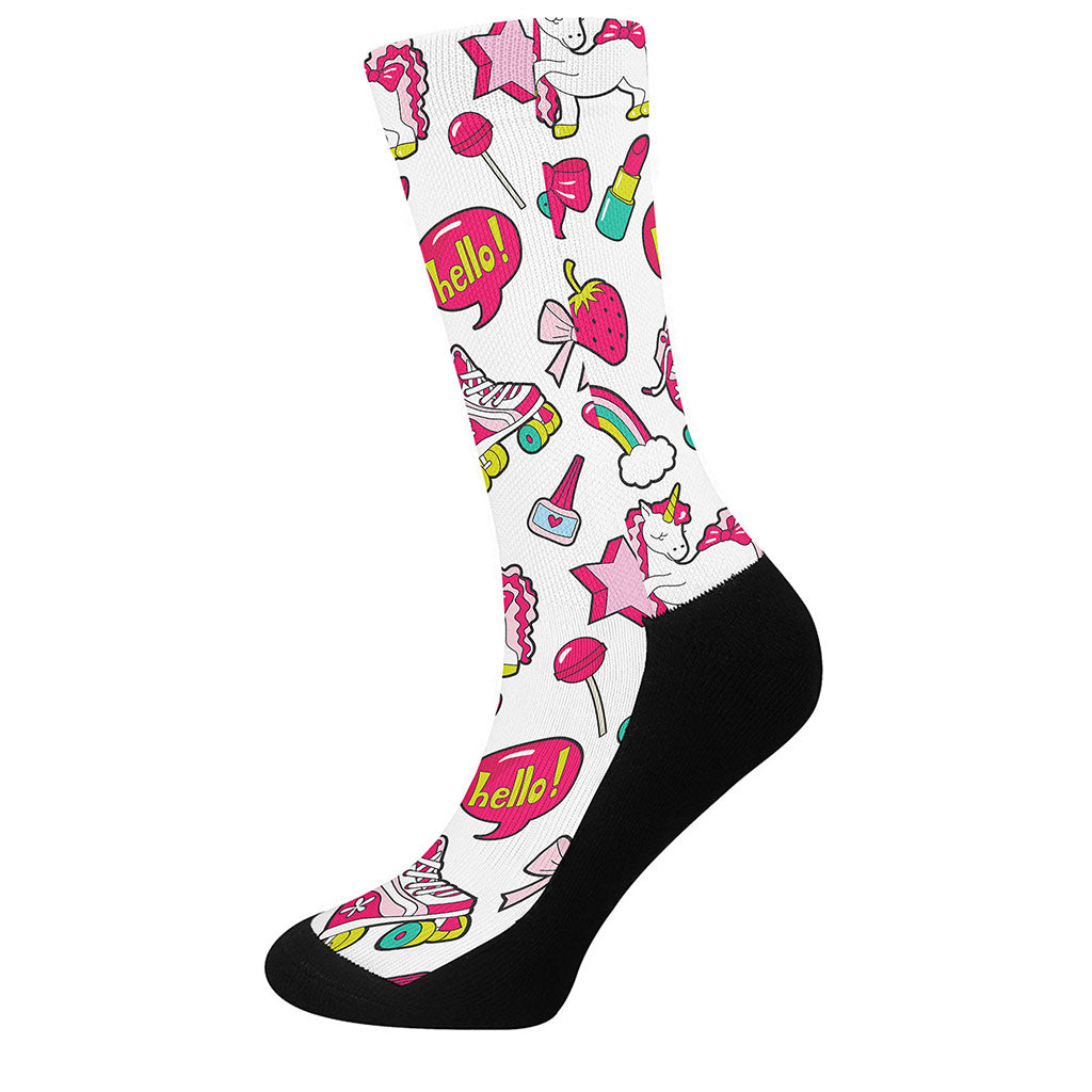 White Girly Unicorn Pattern Print Crew Socks