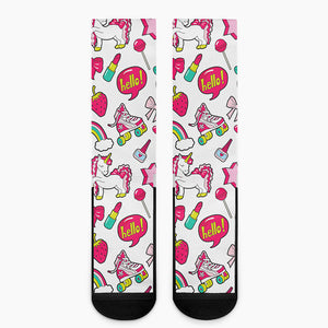 White Girly Unicorn Pattern Print Crew Socks