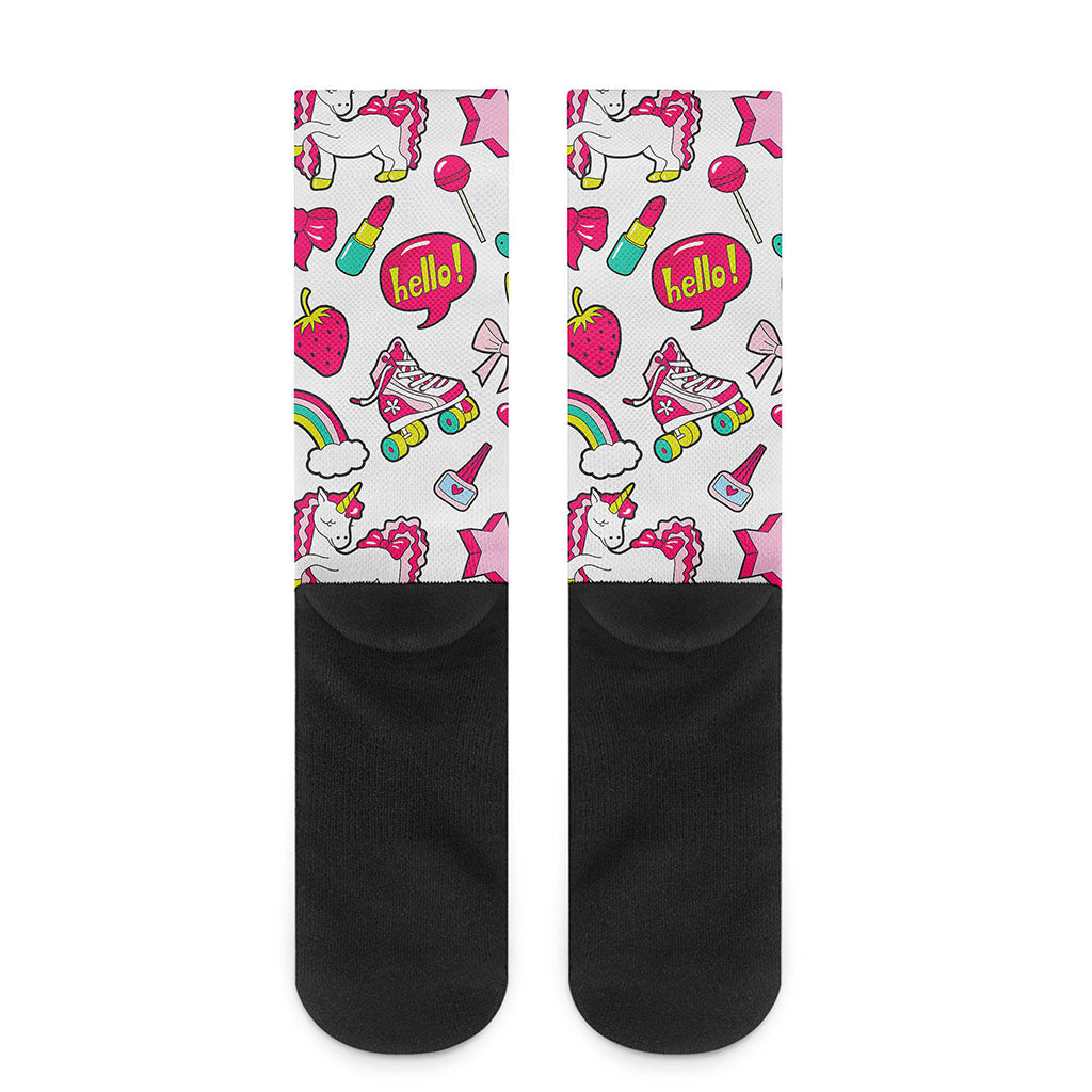 White Girly Unicorn Pattern Print Crew Socks