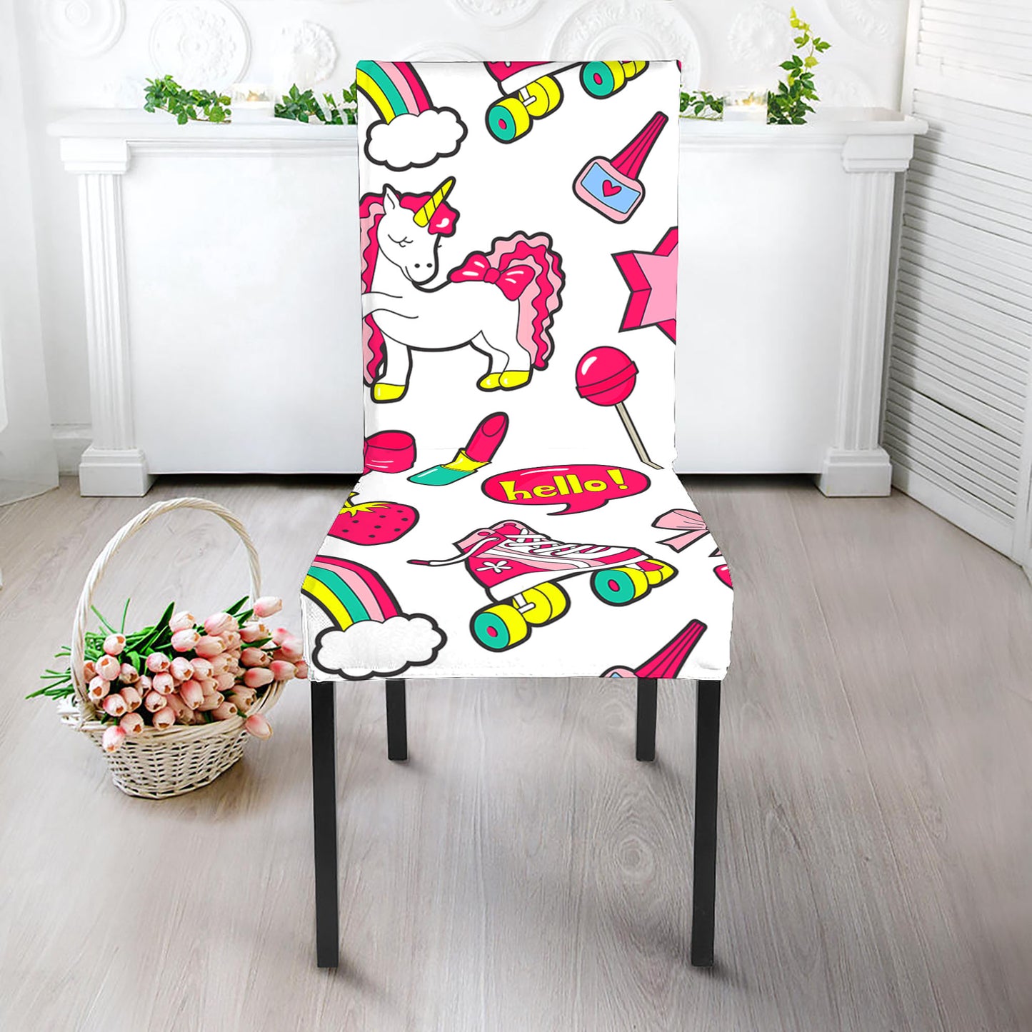 White Girly Unicorn Pattern Print Dining Chair Slipcover