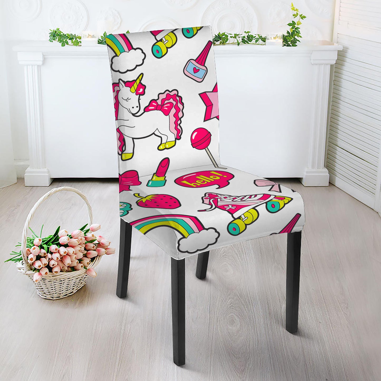 White Girly Unicorn Pattern Print Dining Chair Slipcover