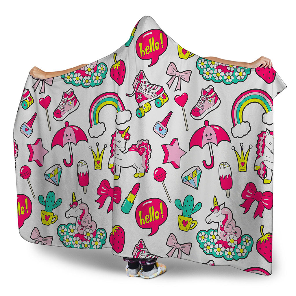 White Girly Unicorn Pattern Print Hooded Blanket