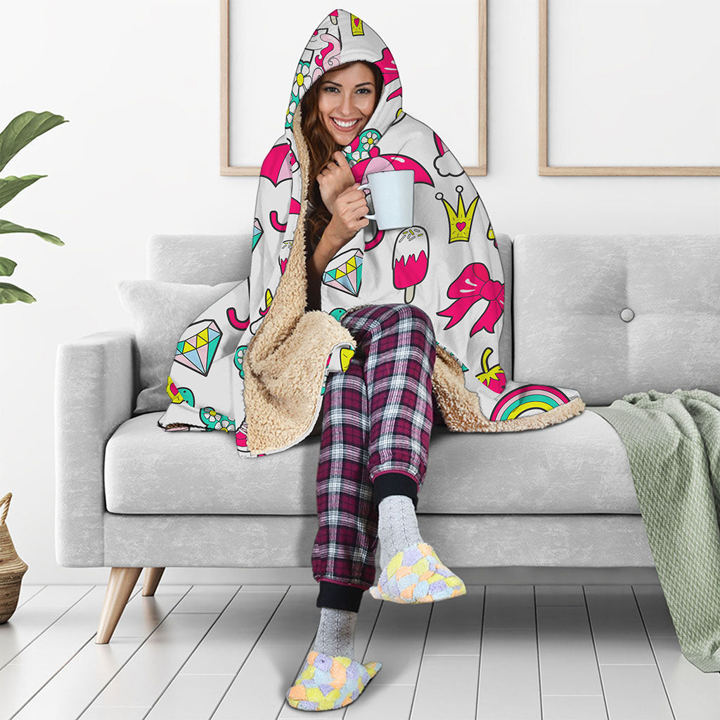 White Girly Unicorn Pattern Print Hooded Blanket