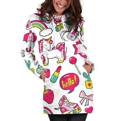 White Girly Unicorn Pattern Print Hoodie Dress GearFrost