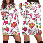 White Girly Unicorn Pattern Print Hoodie Dress GearFrost